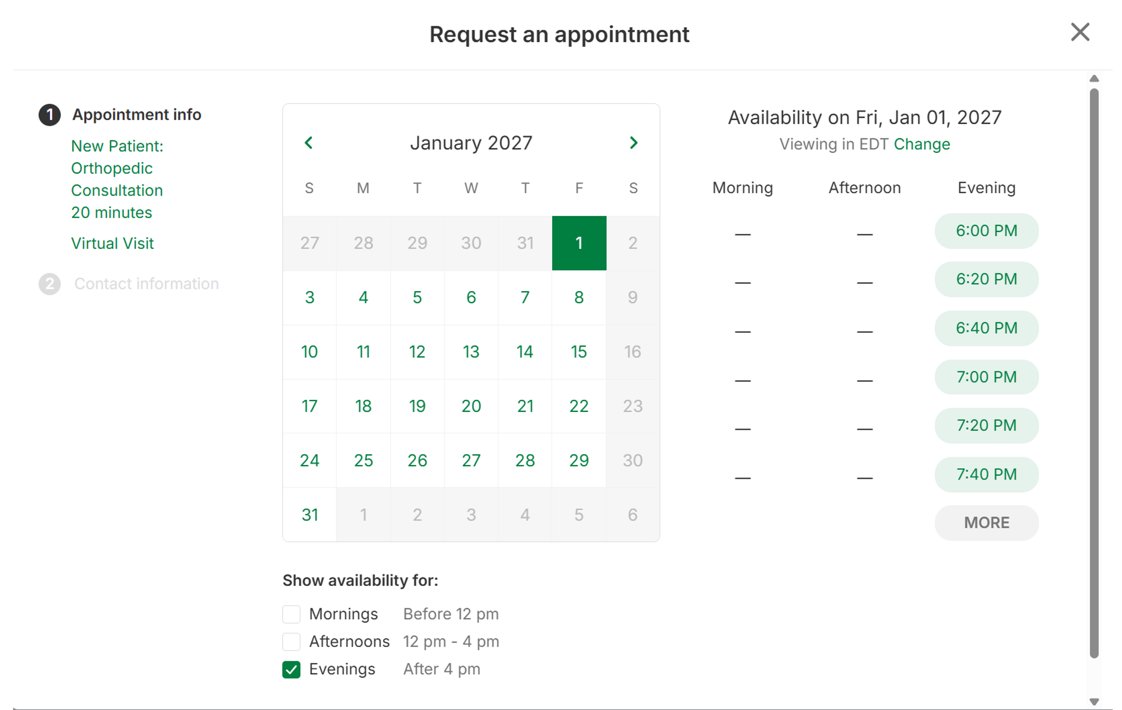 Appointment type selection and calendar view.
