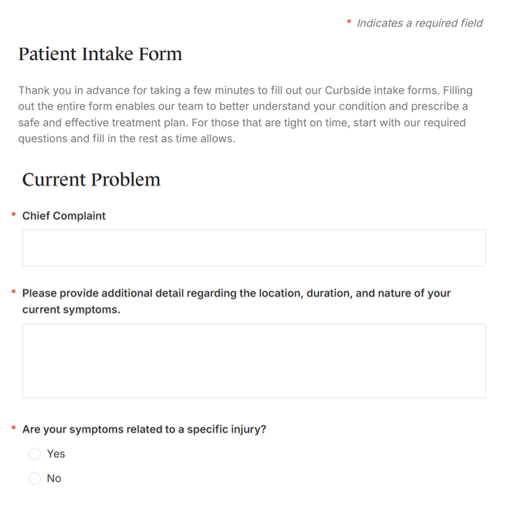 Patient intake form in the secure client portal.