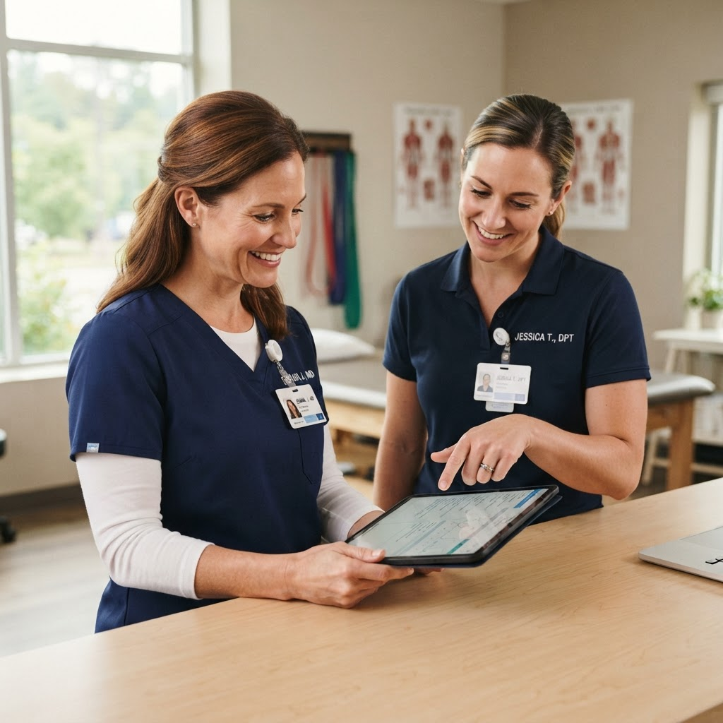 Healthcare professionals reviewing a patient care plan together